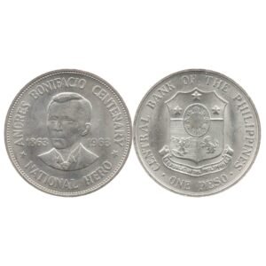 1963 Philippines Large Peso Commemorative National Hero Bonifacio Portrait 1863 1963 Coat of Arms Lion Stars Eagle