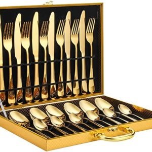 Stainless Steel Gold Flatware Set with Premium Gift Box Mirror Polished Cutlery Set, Serve for 6, Including 6xKnives, 6xForks, 6xSpoons, 6xTeaspoons, 24 pieces Tableware Set
