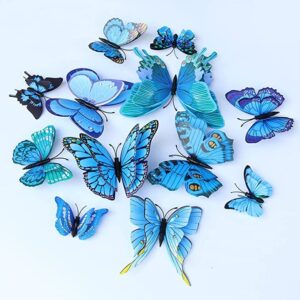 3D Butterfly Wall Decors 12pcs Double Wings Butterfly Wall Decals (Blue)