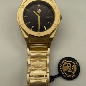 AJ Quality Watches USA Men's 45mm Matte Gold Black Bezel Quartz Watch NWT