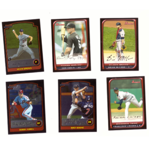 Bowman Baseball Card Collection #34 (9 Cards) With Printed Signatures Of Players Brian McCann, Francisco Liriano, Dan Uggla, Bret Boone & Kevin Brown etc.