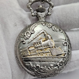 Gold Shade Silver Train Theme Japan Movement Pocket Watch