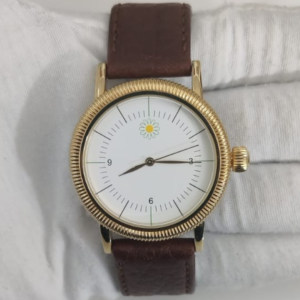 Gold Tone Dial Stainless Steel Back Leather Stripes Ladies Wristwatch