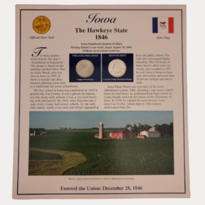 Iowa The Hawkeye State 1846 With Iowa Statehood Quarter-Dollars Coins 2004 & State Stamps