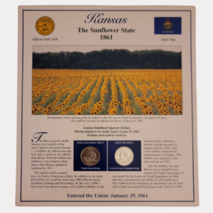 Kansas The Sunflower State 1861 With Kansas Statehood Quarter-Dollars Coins 2005 & State Stamps