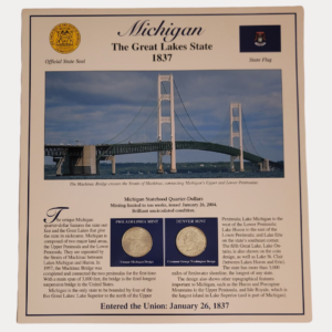 Michigan The Great Lakes State 1837 With Michigan Statehood Quarter-Dollars Coins 2004 & State Stamps