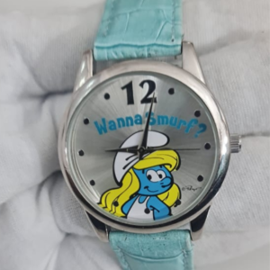 MZB F3222611 Smurf Theme Stainless Steel Back Leather Stripes Ladies Wristwatch (Kids Watch)