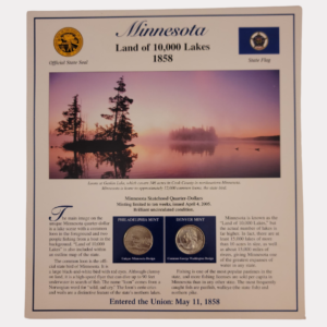 Minnesota Land of 10,000 Lakes 1858 With Minnesota Statehood Quarter-Dollars Coins 2005 & State Stamps