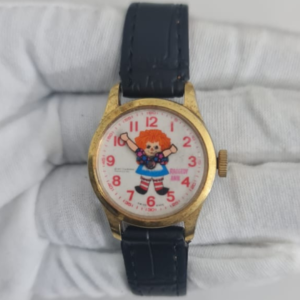 Vintage Raggedy Ann Theme Stainless Steel Back Swiss Made Leather Stripes Wristwatch