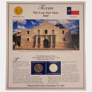 Texas The Lone Star State 1845 With Texas Statehood Quarter-Dollars Coins 2004 & State Stamps