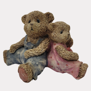 Vintage Belovable Bears Hand Crafted Resin Bears Figurine. Sweet dark brown Boy Bear in Blue and Girl Bear in Pink holding a heart 1990's