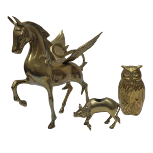 VINTAGE ART DECO SOLID BRASS ANIMAL FIGURES STATUES OWL BULL & PEGASUS RARE