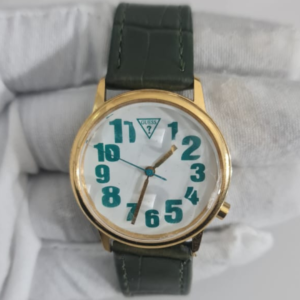 Vintage Guess Stainless Steel Back Japan Movement Leather Stripes Ladies Wristwatch 1992