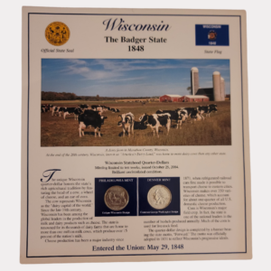 Wisconsin The Badger State 1848 With Wisconsin Statehood Quarter-Dollars Coins 2004 & State Stamps