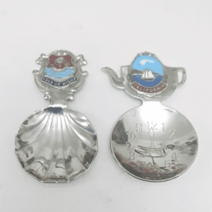 Vintage Set of Tow spoons Haworth Tea Caddy Spoon 4O'Clock Bowl Teapot Finial Home Of Brontes Souvenir 1940s