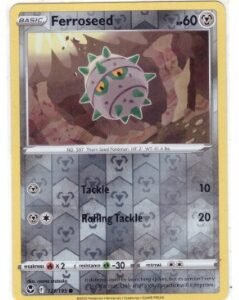 Ferroseed Pokémon card from the Sword & Shield—Silver Tempest set.It is a "Reverse Holo" variant,