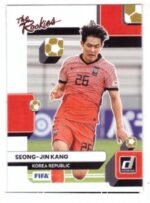 2022-23 Panini Donruss "The Rookies" soccer card featuring Korean player Kang Seong-jin.
