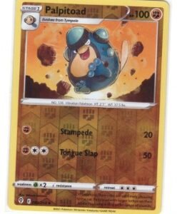 Palpitoad card from the Pokémon Trading Card Game.It is specifically from the Evolving Skies set (number 089/203). Reverse Holo version,