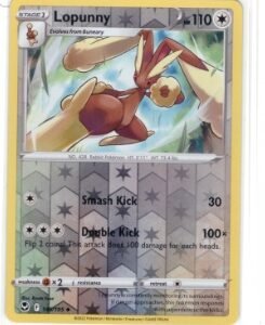 Lopunny card from the Silver Tempest expansion set.It is identified by the number 145/195.T Reverse Holo foil card.