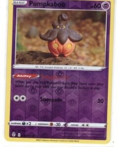 Pumpkaboo Pokémon card from the Evolving Skies expansion set.It is numbered 076/203  Reverse Holo foil card.
