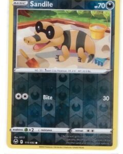 Sandile Pokémon card from the Silver Tempest expansion set.It is numbered 111/195 and features a reverse holofoil pattern.