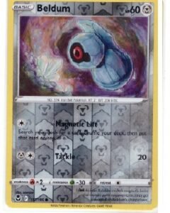 Beldum card from the Pokémon Silver Tempest expansion, numbered 117/195.It is a Reverse Holo version