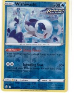 Wishiwashi card from the Pokémon TCG: Evolving Skies expansion, featuring the Rapid Strike style.It is identified as card number 046/203 and is a reverse holofoil variant.
