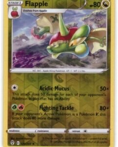 Flapple card from the Pokémon TCG: Sword & Shield—Evolving Skies expansion.It is numbered 120/203 and features a Reverse Holo foil pattern.The card is a Rare rarity tier