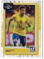Savinho #186 trading card from the 2025-26 Panini Donruss Road to FIFA World Cup collection, featuring the Brazilian player in a yellow and blue kit.