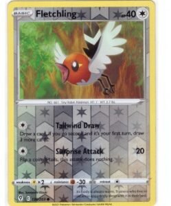 Fletchling Pokémon card (number 138/203) from the Sword & Shield—Evolving Skies expansion set.It is a Reverse Holo version,