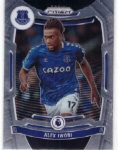 2021-22 Panini Prizm Premier League #100 Alex Iwobi card, featuring a stylized blue-toned base design with the Everton crest