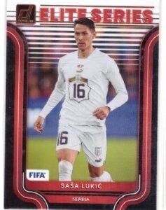 Saša Lukić 2022-23 Panini Donruss Elite Series soccer trading card featuring a red and white border design.