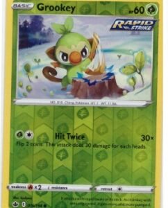 Grookey card from the Sword & Shield—Chilling Reign expansion, specifically card number 016/198.It is a Reverse Holo