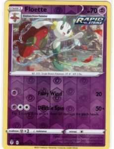 Floette card from the Pokemon TCG Evolving Skies expansion (072/203).It is a Reverse Holofoil version