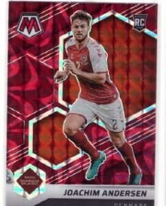 2021-22 Panini Mosaic Road to World Cup Joachim Andersen trading card featuring a red reactive prizm parallel.