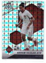 2021-22 Panini Mosaic FIFA #70 Akram Hassan Afif soccer trading card.The card features a vibrant blue mosaic background pattern.