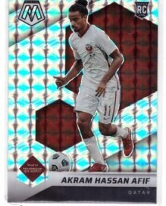 2021-22 Panini Mosaic FIFA #70 Akram Hassan Afif soccer trading card.The card features a vibrant blue mosaic background pattern.
