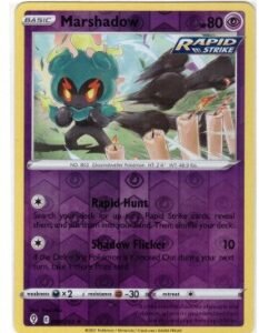 Marshadow card from the Pokémon TCG: Evolving Skies expansion.It is card number 080/203 and features a "Rapid Strike" playstyle.