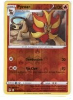 Pyroar card from the Pokémon TCG Sword & Shield: Evolving Skies expansion (023/203).It is a reverse holofoil variant