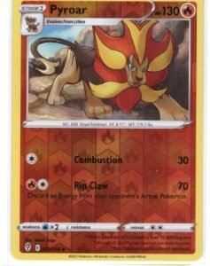 Pyroar card from the Pokémon TCG Sword & Shield: Evolving Skies expansion (023/203).It is a reverse holofoil variant