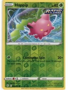 Hoppip card from the Pokémon TCG Evolving Skies expansion.It is card number 002/203 .The card depicted is a Reverse Holo version