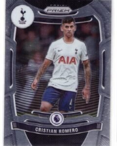 2021-22 Panini Prizm Premier League Cristian Romero trading card featuring the Tottenham Hotspur defender.
