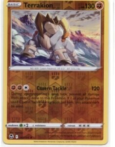 Terrakion card (#097/195) from the Pokémon TCG Silver Tempest expansion.The card is a Holo Rare variant.