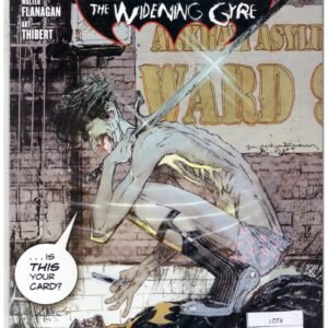 Batman: The Widening Gyre #4.It features The Joker in a crouching position, holding a playing card while wearing a disguise.