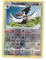 Trumbeak 144/185 card from the Vivid Voltage set.It is a Stage 1 Pokémon card featuring a reverse holo pattern.