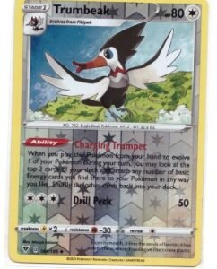 Trumbeak 144/185 card from the Vivid Voltage set.It is a Stage 1 Pokémon card featuring a reverse holo pattern.