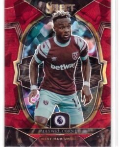 This image shows a 2022-23 Panini Select Premier League Maxwel Cornet #92 trading card with a red ice prizm parallel.