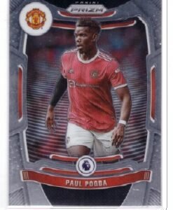 This image shows the 2021-22 Panini Prizm Premier League #278 Paul Pogba trading card, featuring the Manchester United player in his red home kit.
