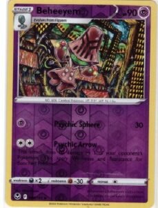 Beheeyem Pokémon card from the Sword & Shield: Silver Tempest expansion.It is specifically the Reverse Holo version, featuring a card number of 080/195.