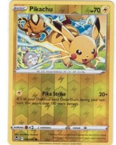 Pikachu card from the Silver Tempest set.It is numbered 049/195.The card features a Reverse Holo foil pattern